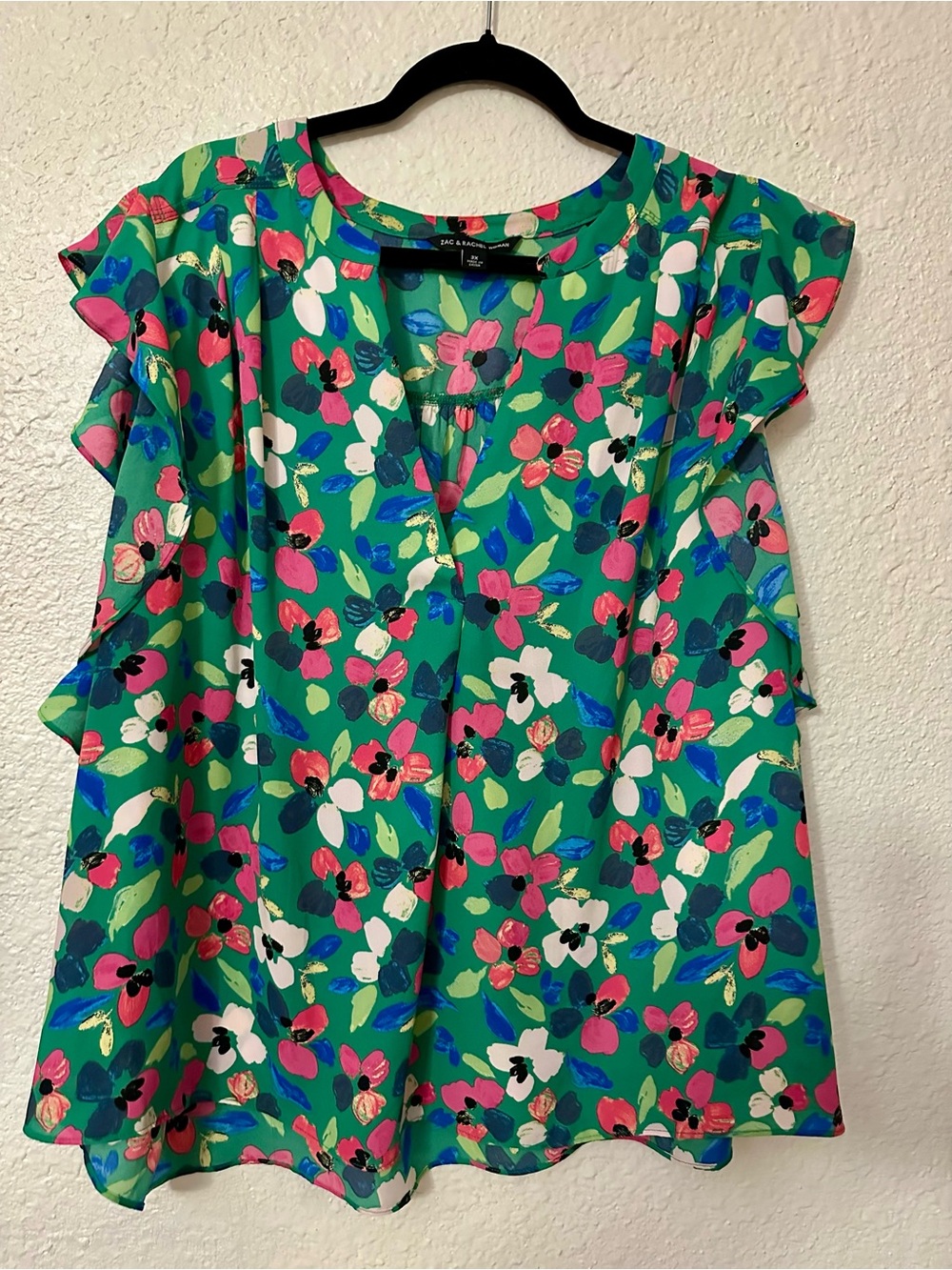 Zac & Rachel Green Floral V-Neck Flutter Sleeve Blouse